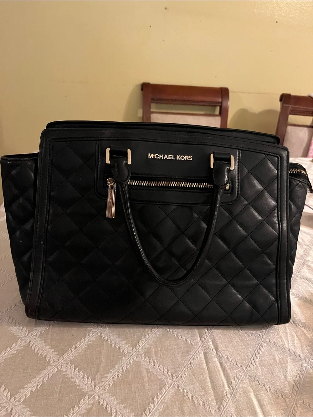 Michael Kors Selma Black Quilted Satchel with Gold Hardware